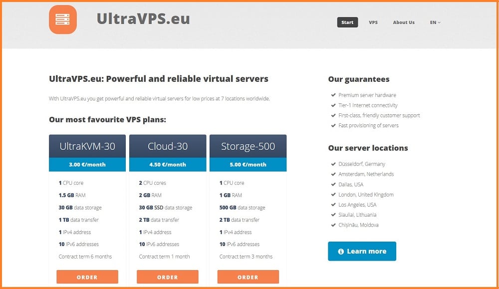 UltraVPS homepage