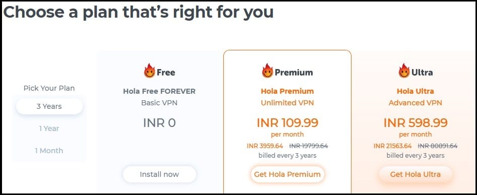 Pricing of Hola VPN
