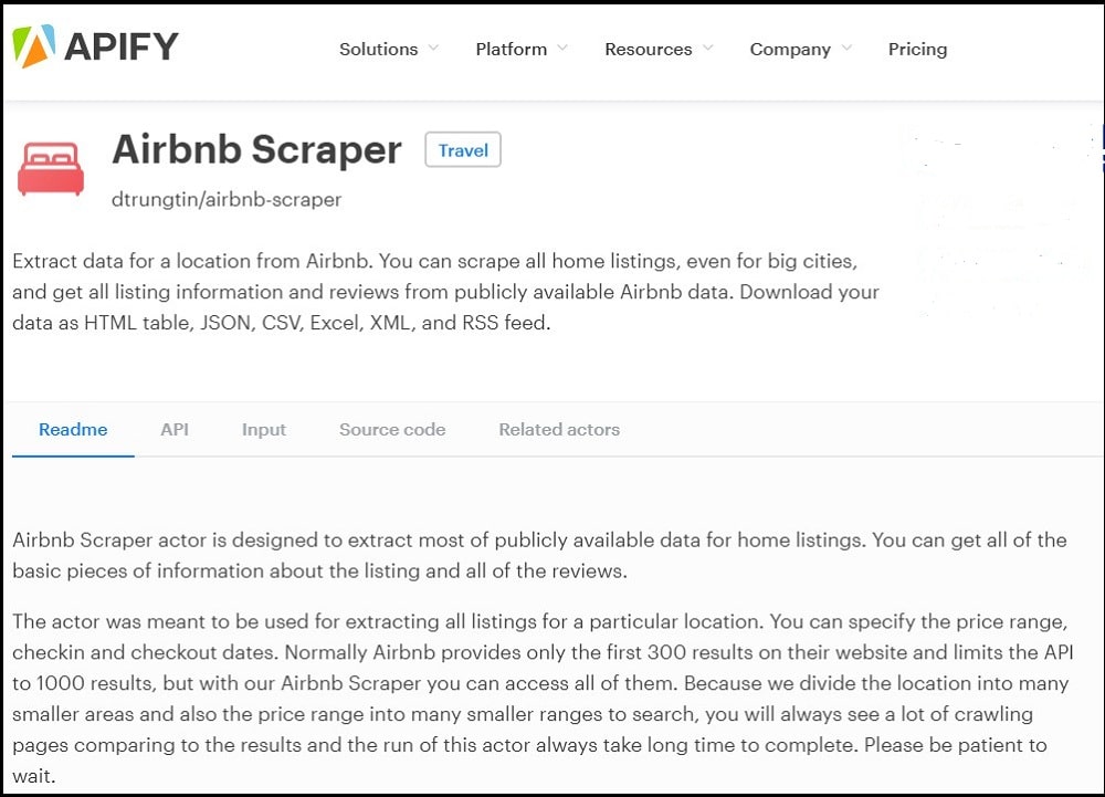 Apify Airbnb Scraper Homepage