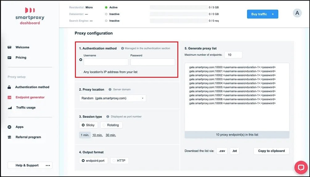 smartproxy authentication details
