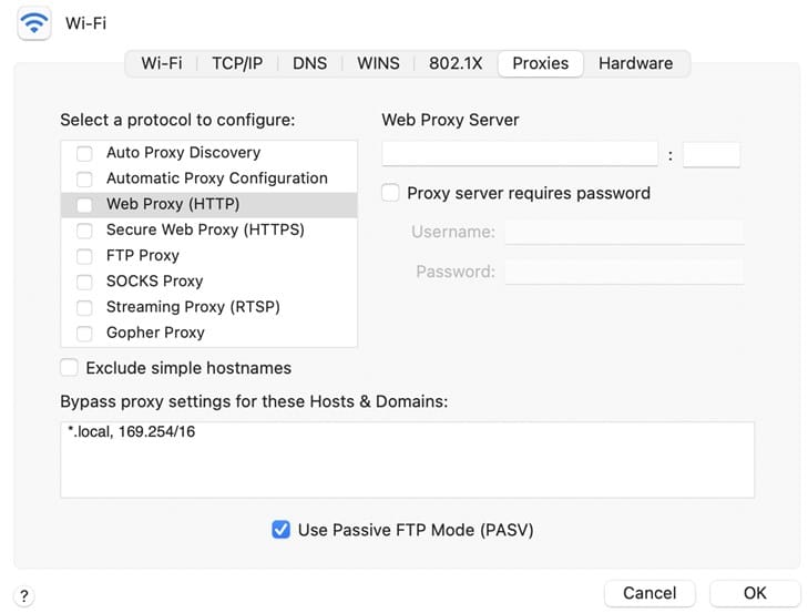 HTTP Proxy WiFi Settings