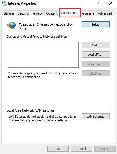 Internet Options connections