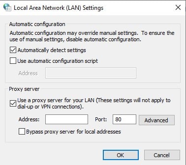 Lan settings proxy configuration and port