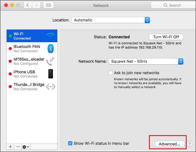 WiFi Advanced option on mac