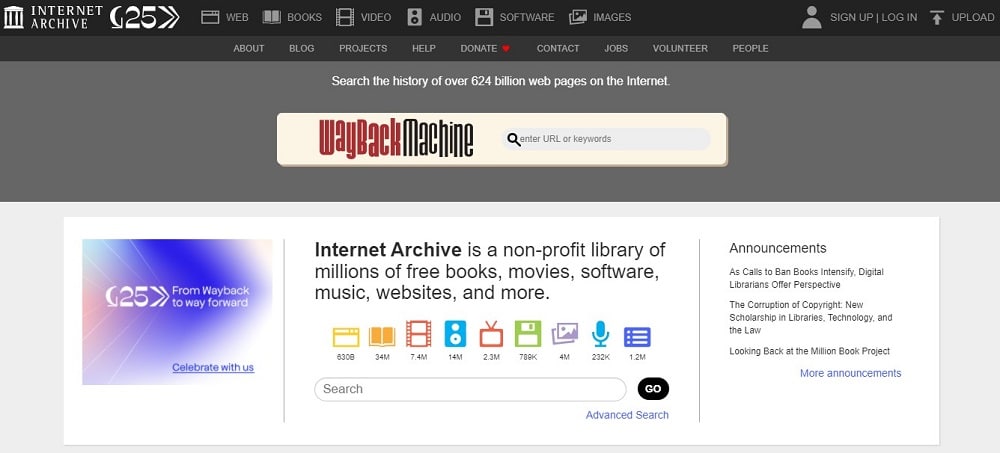 Internet Archive homepage