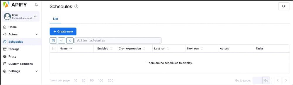 Apify actor schedules tab