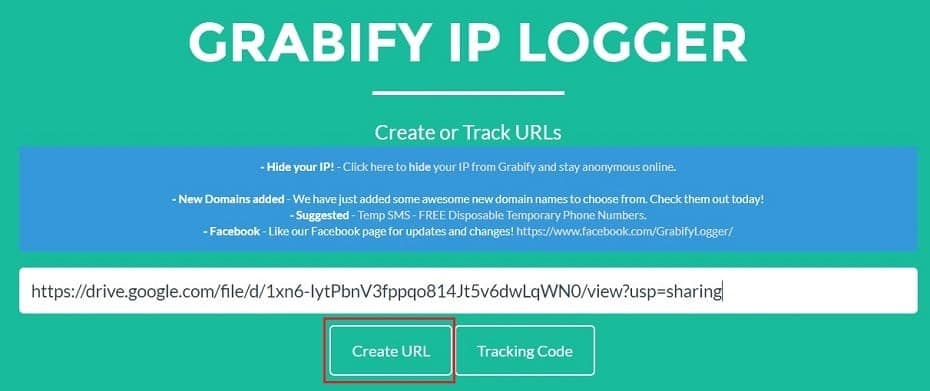 Click on the Create URL button of Grabify IP Logger