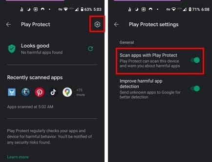 Scan apps with Play Protect toggle