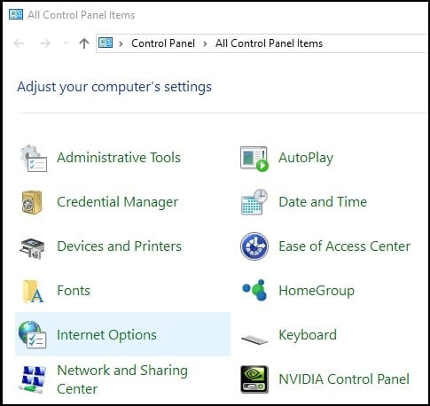 Click on Internet Options on Control panel