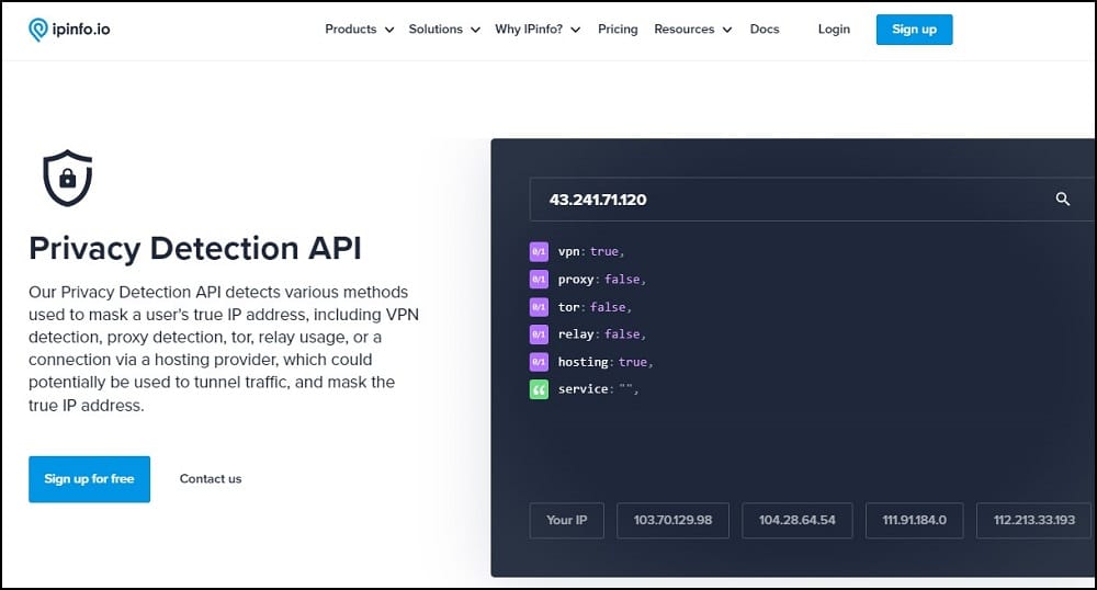 IPInfo Privacy Detection API Homepage