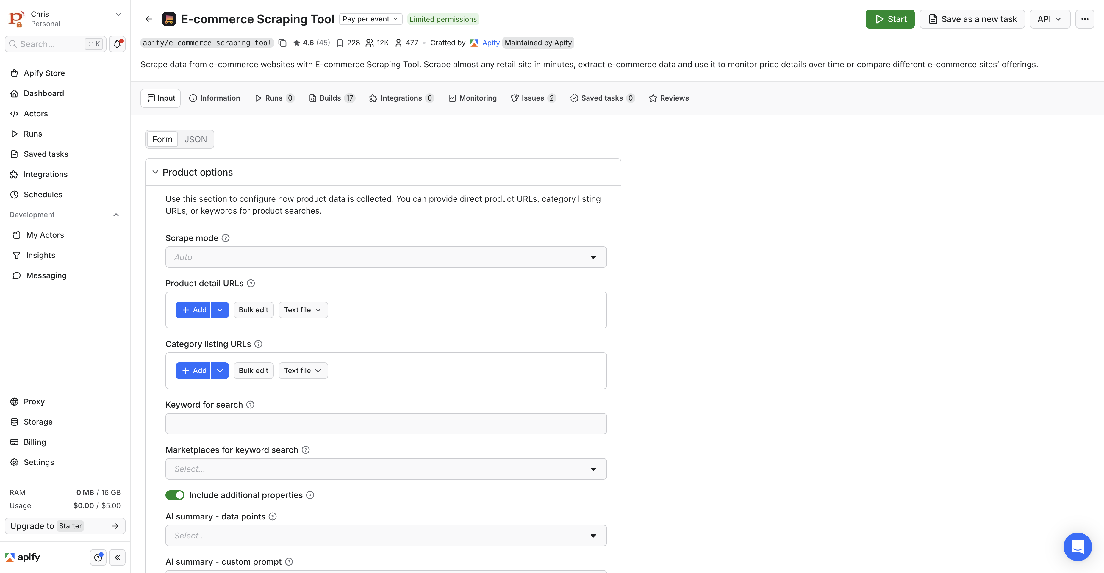 Apify actor detail page for E-commerce Scraping Tool showing input API and monitoring workflow