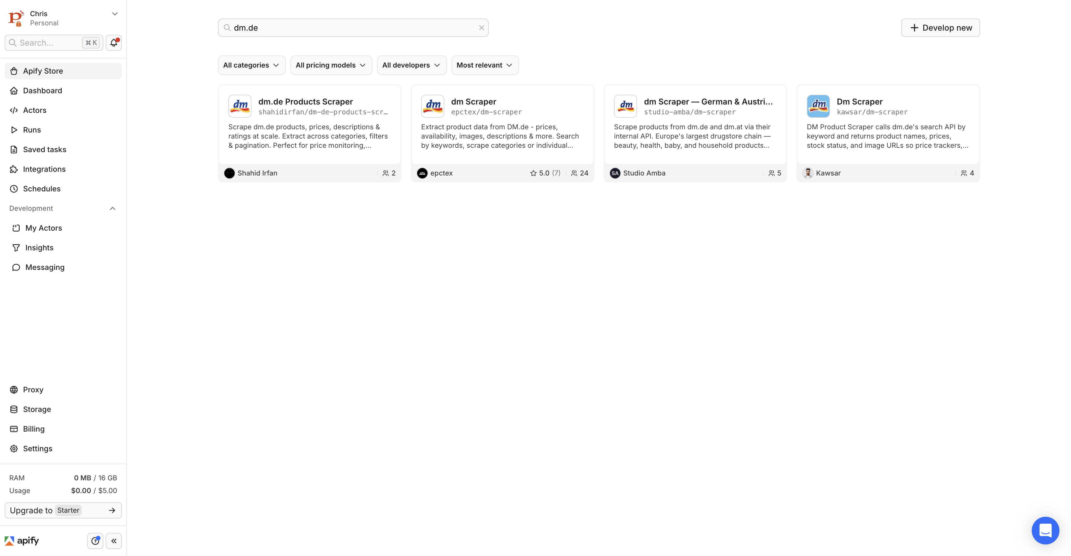 Apify Store search results for dm.de showing niche retailer-specific scraping actors