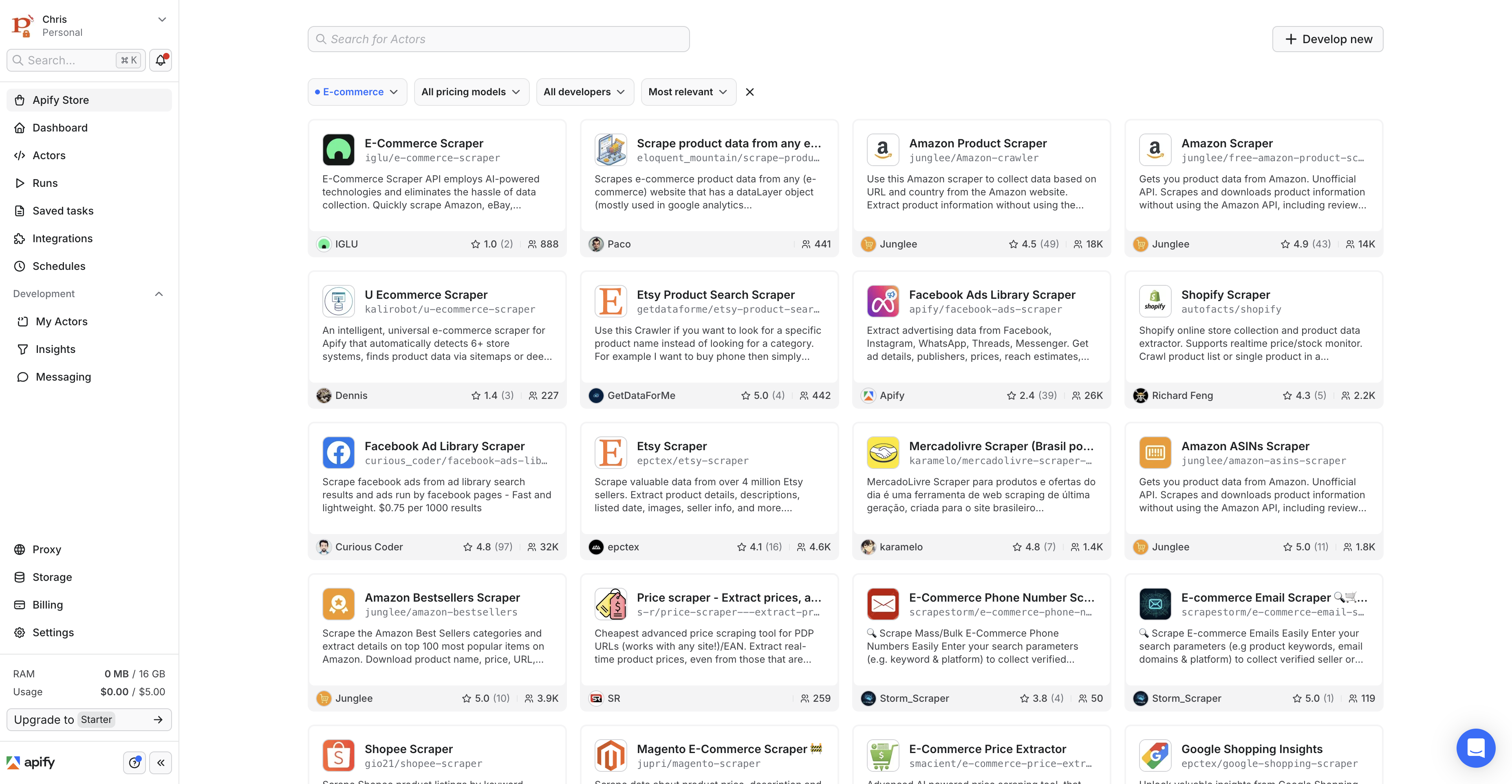 Apify Store ecommerce category showing current actor listings and category filters