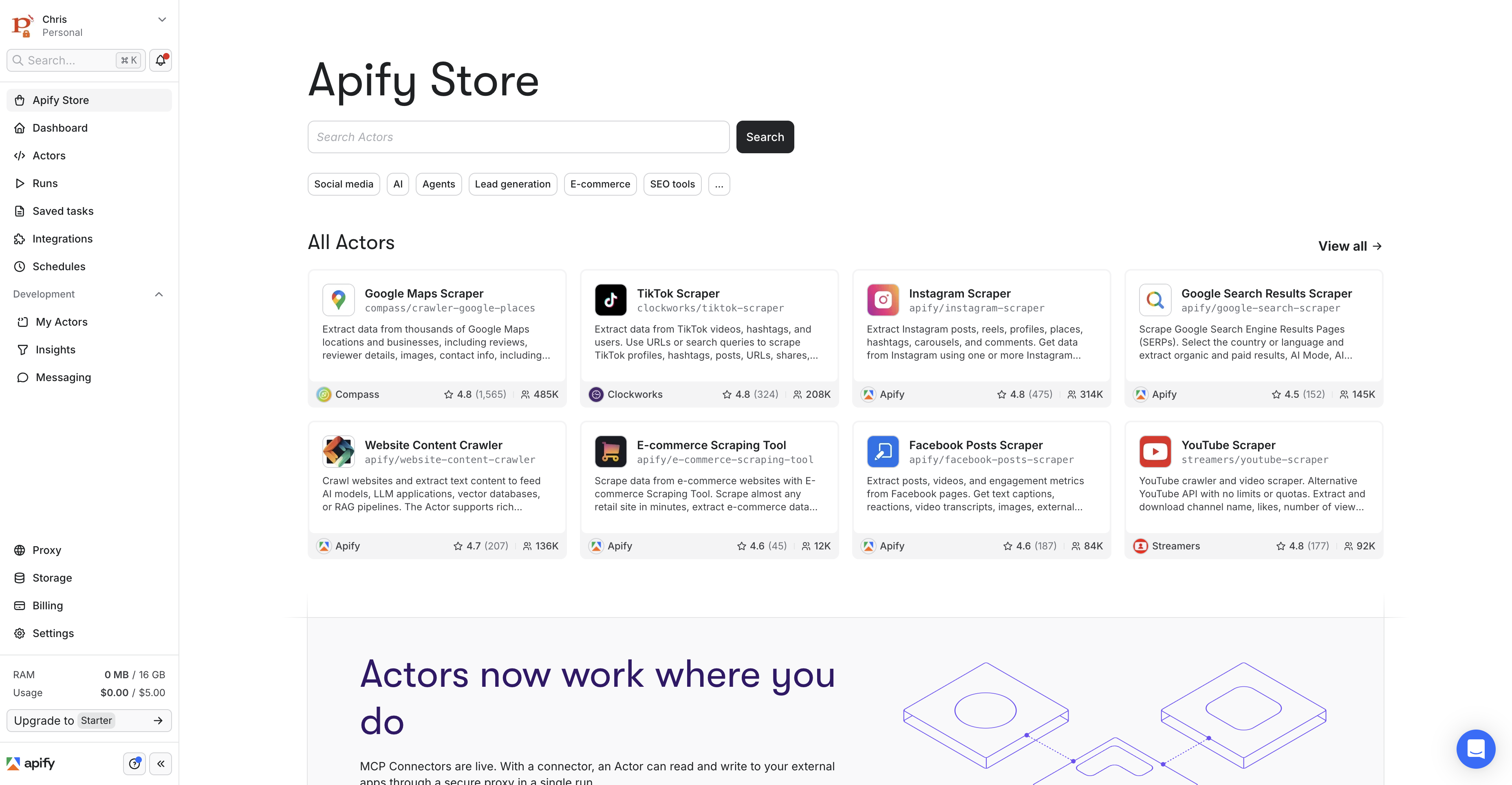 Apify Store home page showing actor marketplace categories and featured scraper listings