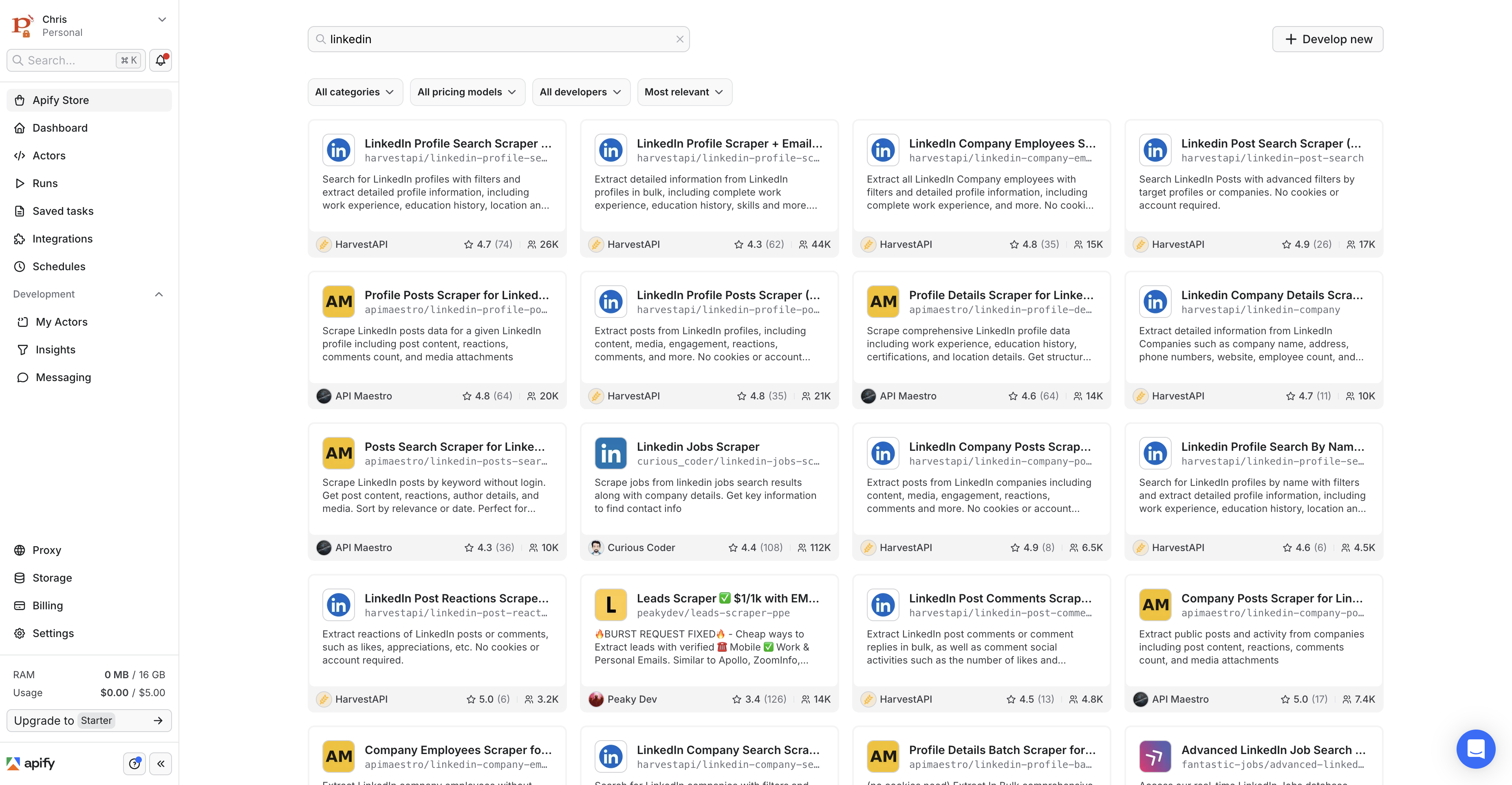 Apify Store search results for linkedin showing multiple actor options from different developers