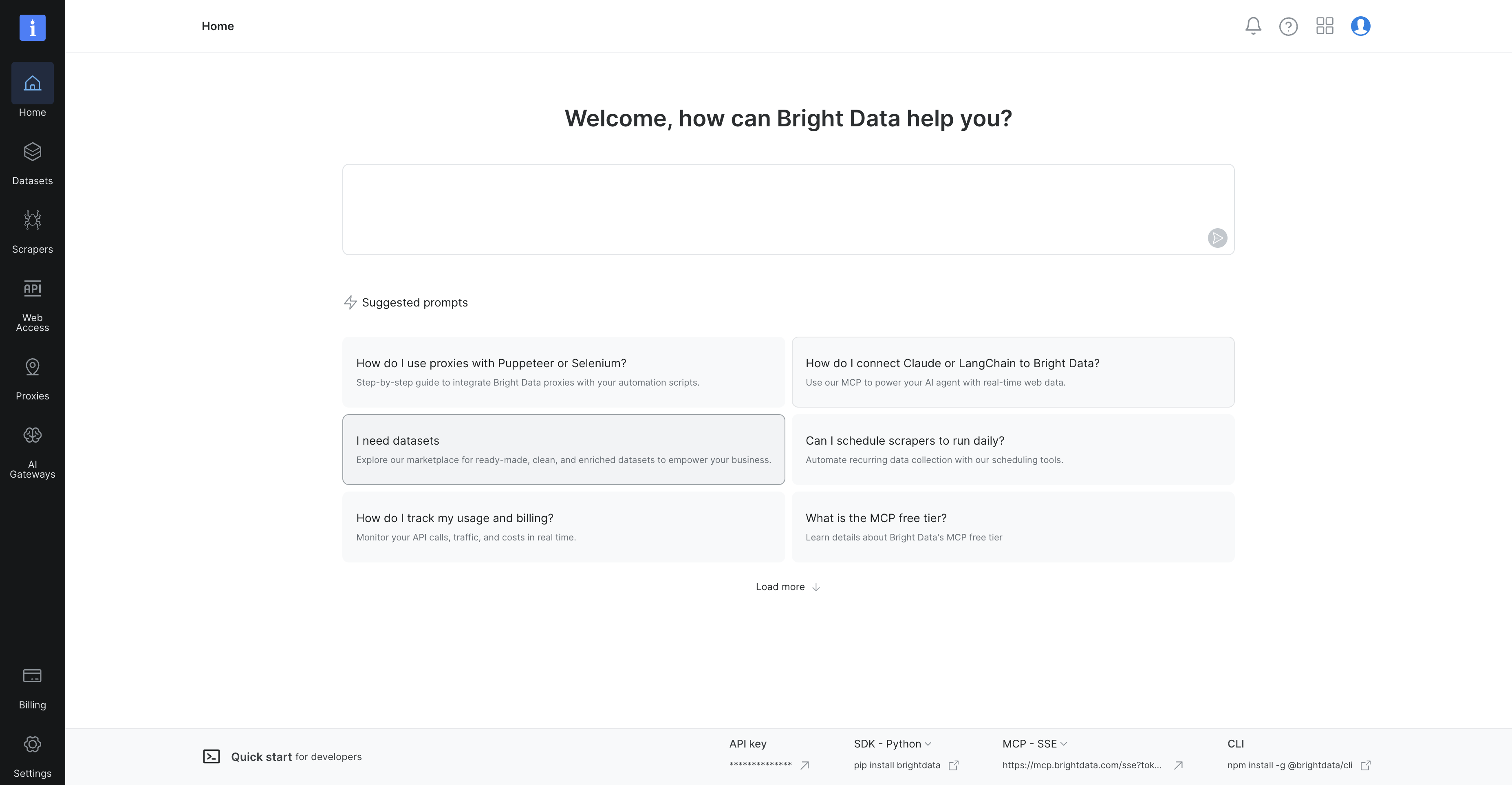 Bright Data control panel home showing Scrapers quick-start surfaces in the logged-in dashboard
