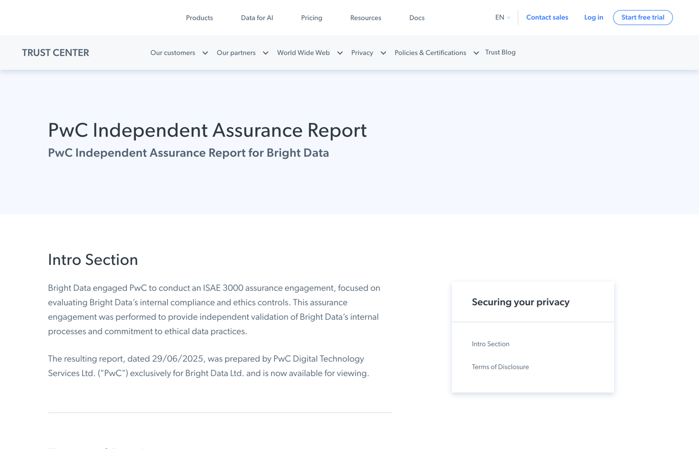 Bright Data PwC assurance report page describing the ISAE 3000 engagement on compliance and ethics controls