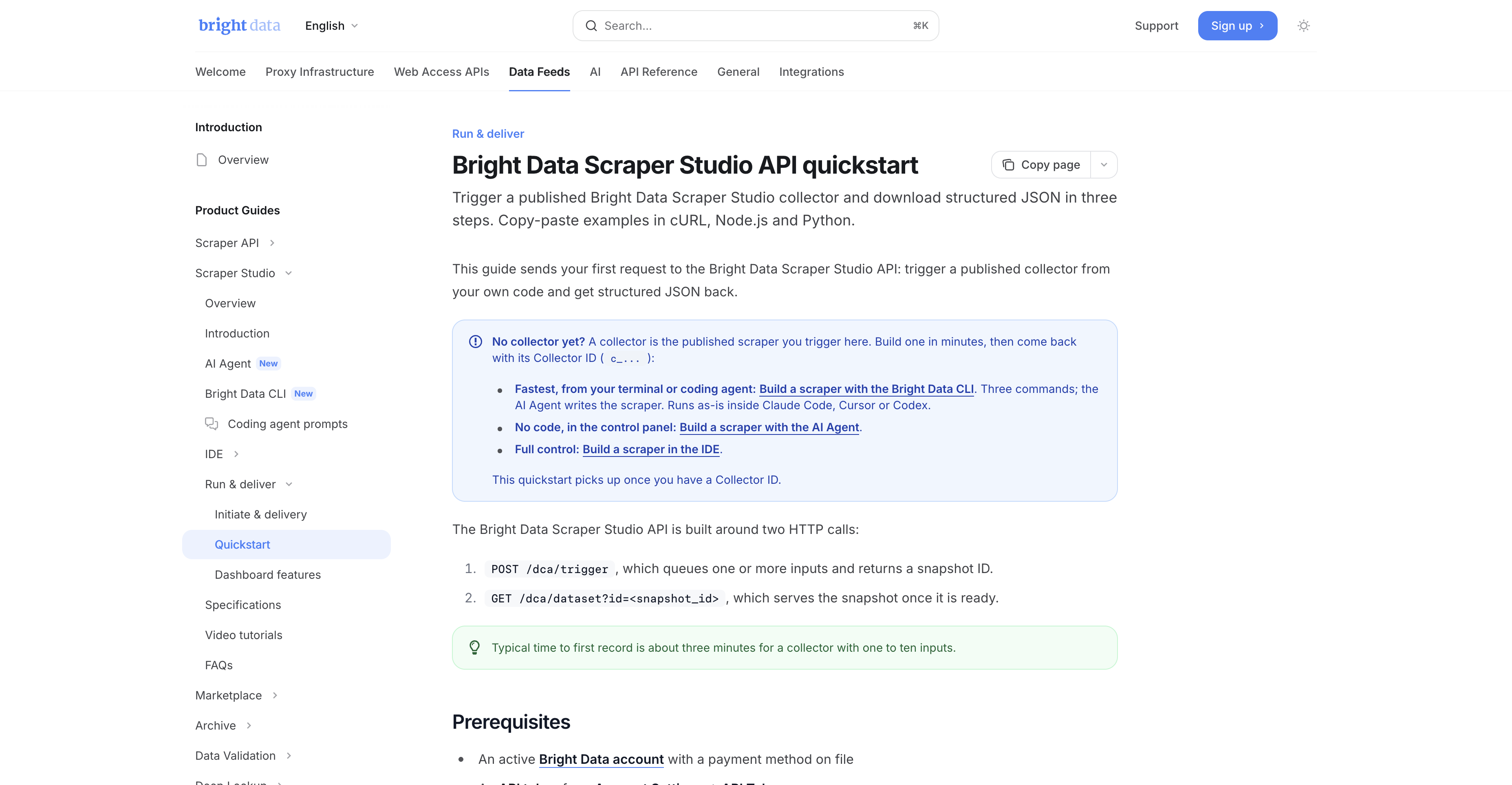 Bright Data Scraper Studio API quickstart page showing trigger and dataset workflow