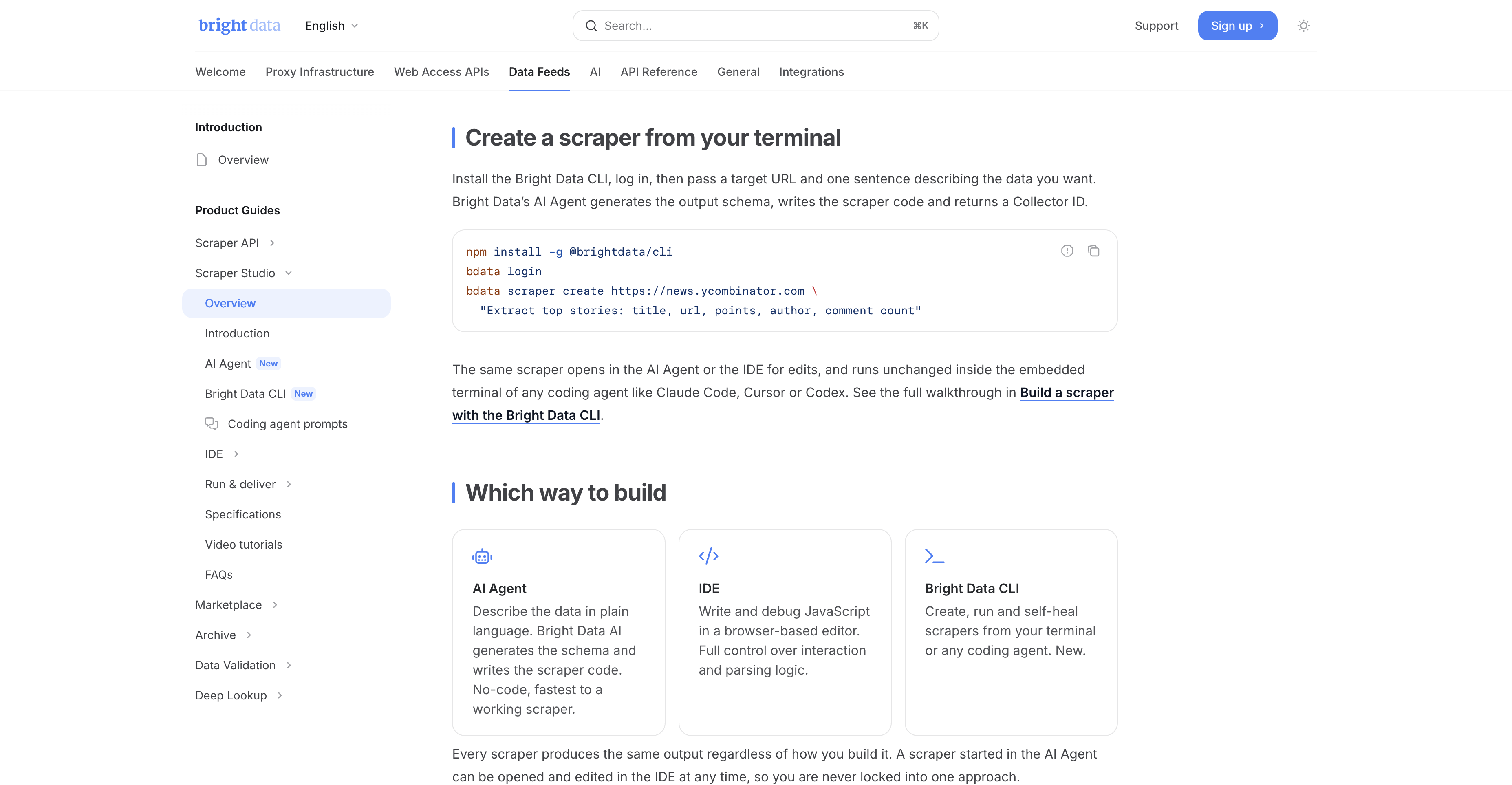 Bright Data Scraper Studio docs showing AI Agent IDE and CLI build paths