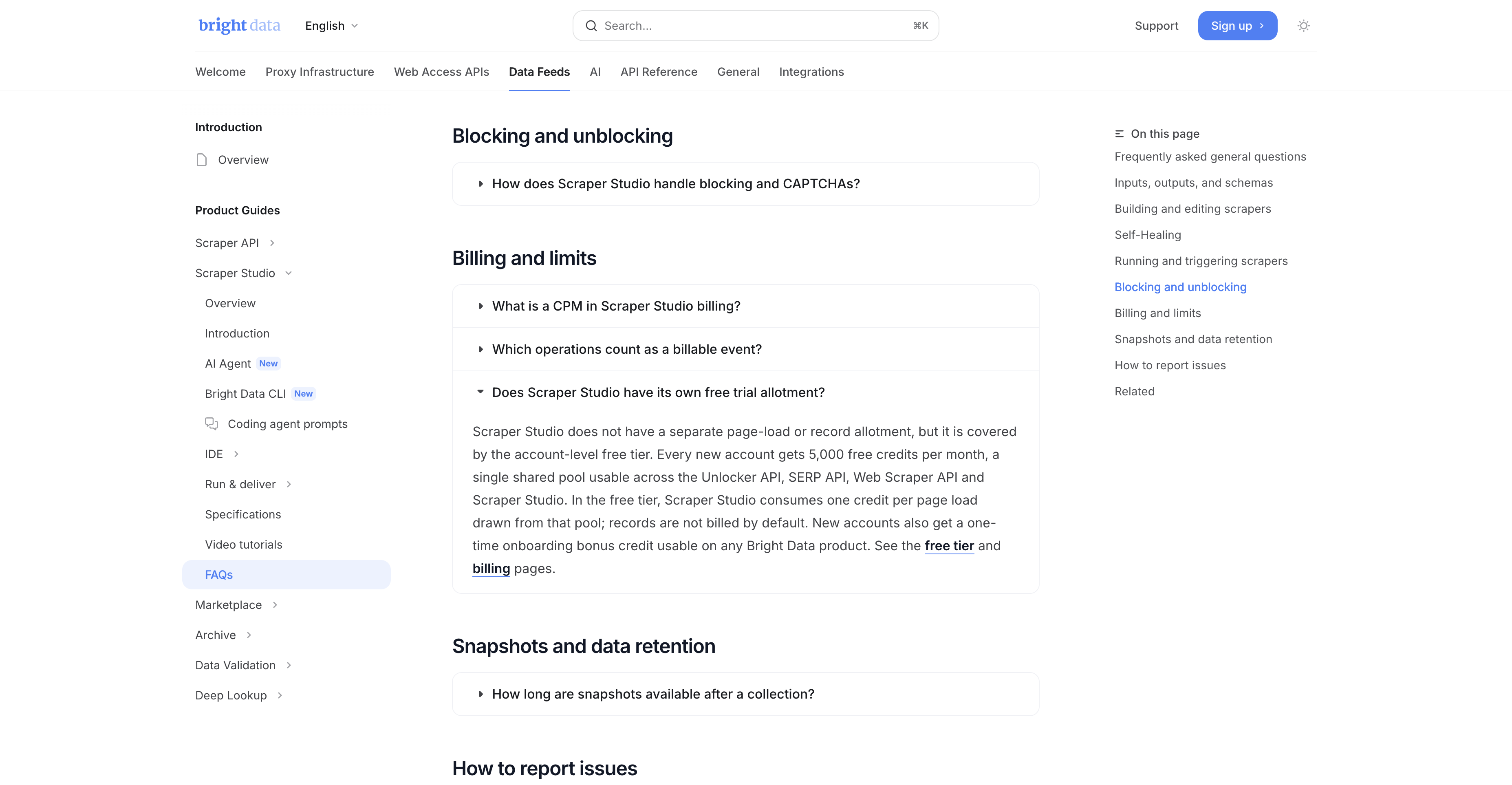 Bright Data Scraper Studio FAQ page covering billing and free-tier credit behavior
