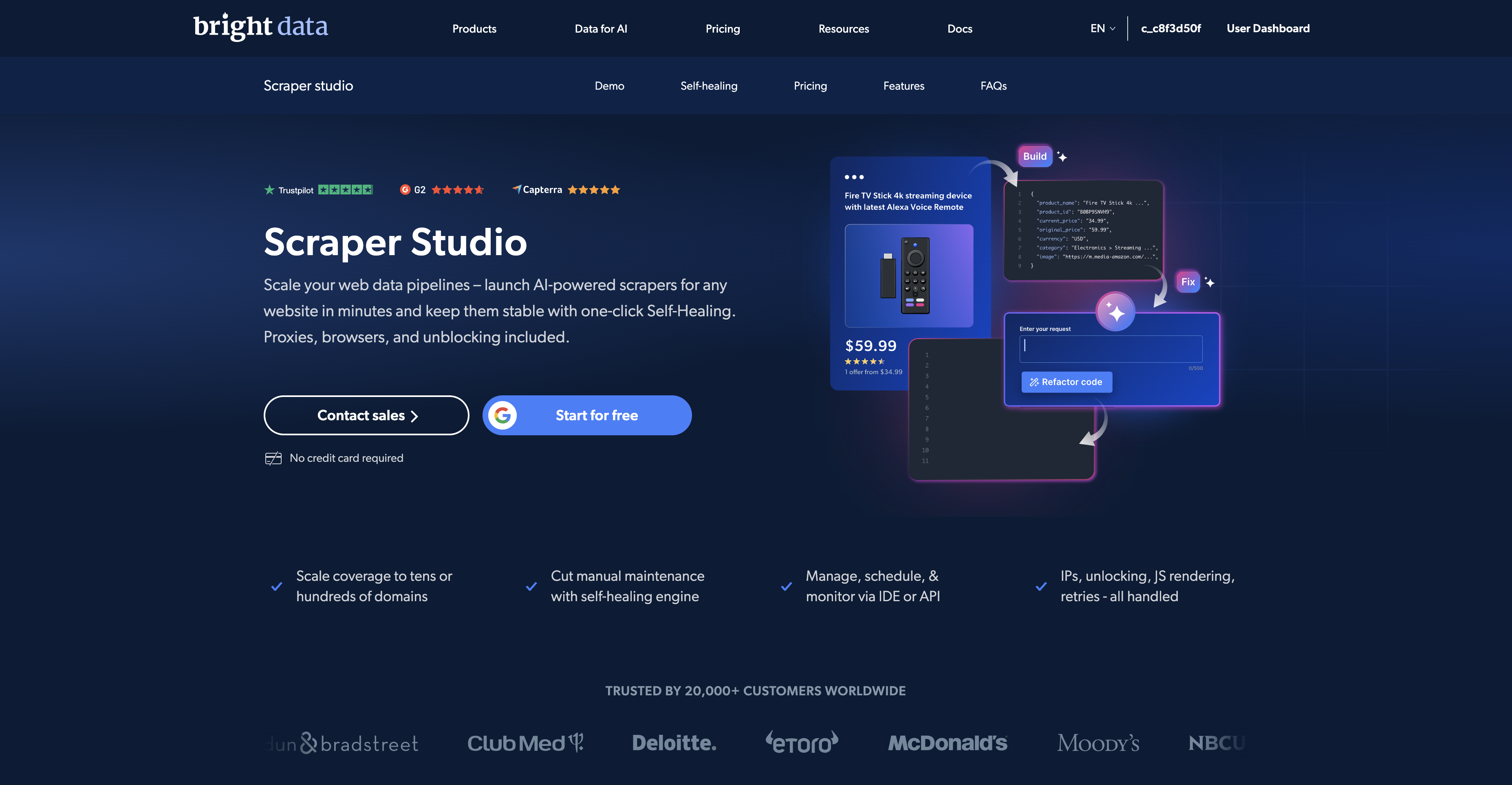Bright Data Scraper Studio product page showing hosted custom scraper positioning and self-healing workflow