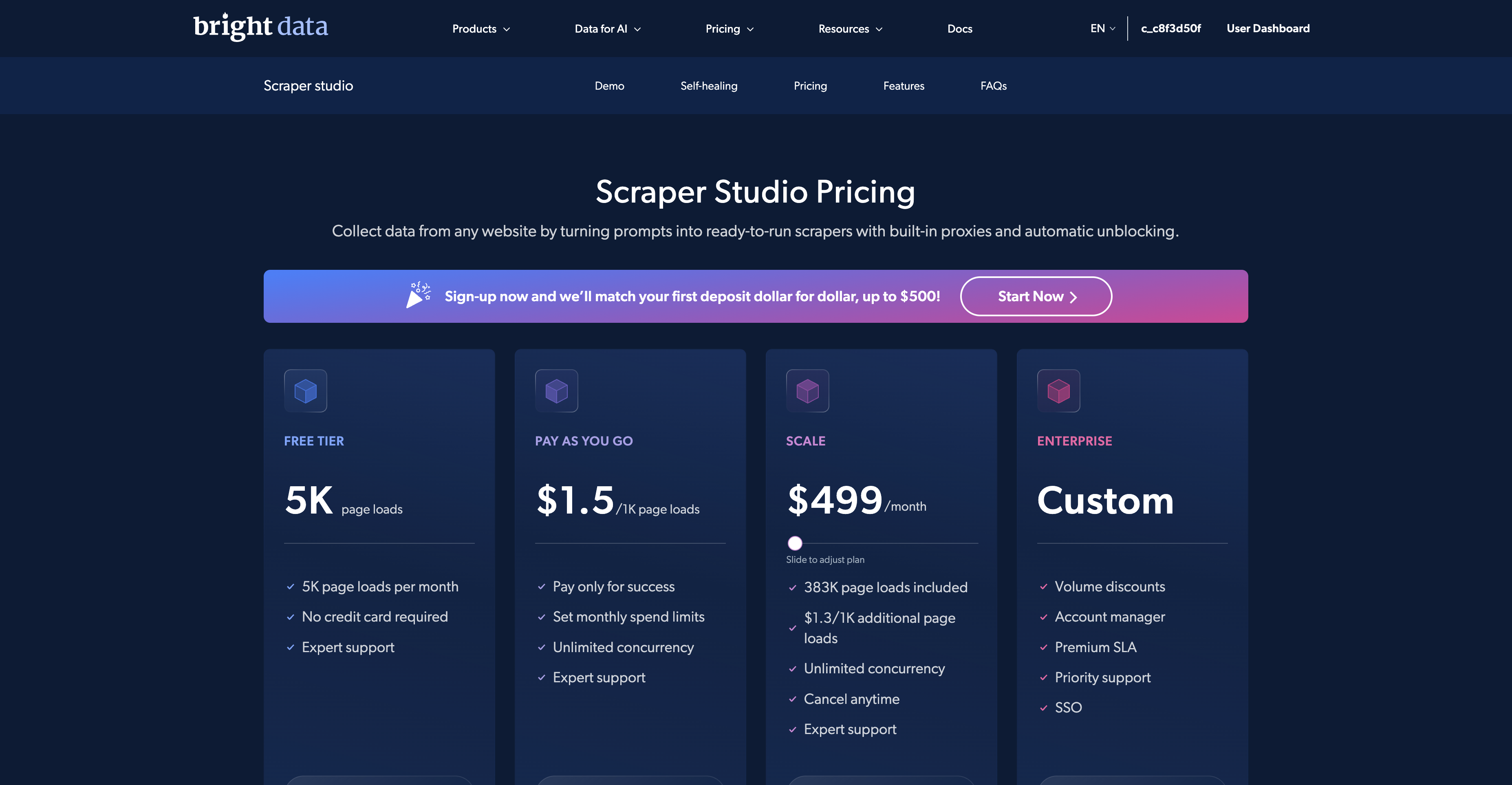 Bright Data Scraper Studio pricing showing 5K page loads free tier and 1.5 dollars per 1K page loads PAYG