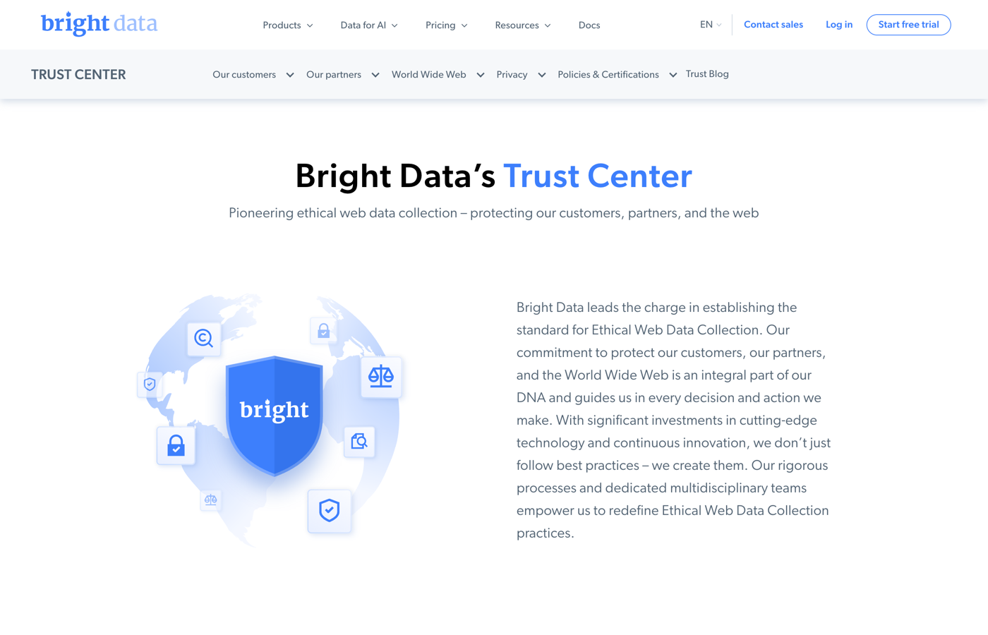 Bright Data Trust Center page showing customer, partner, web, privacy, and certification compliance materials