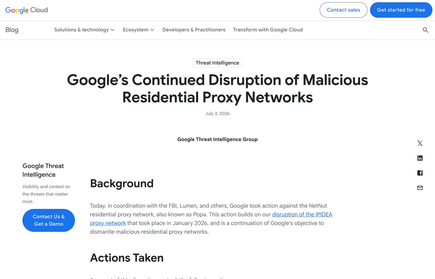 Google Threat Intelligence Group blog post on the continued disruption of malicious residential proxy networks, July 2026