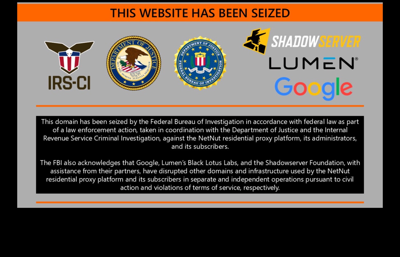 netnut.com showing a Federal Bureau of Investigation domain seizure notice in July 2026