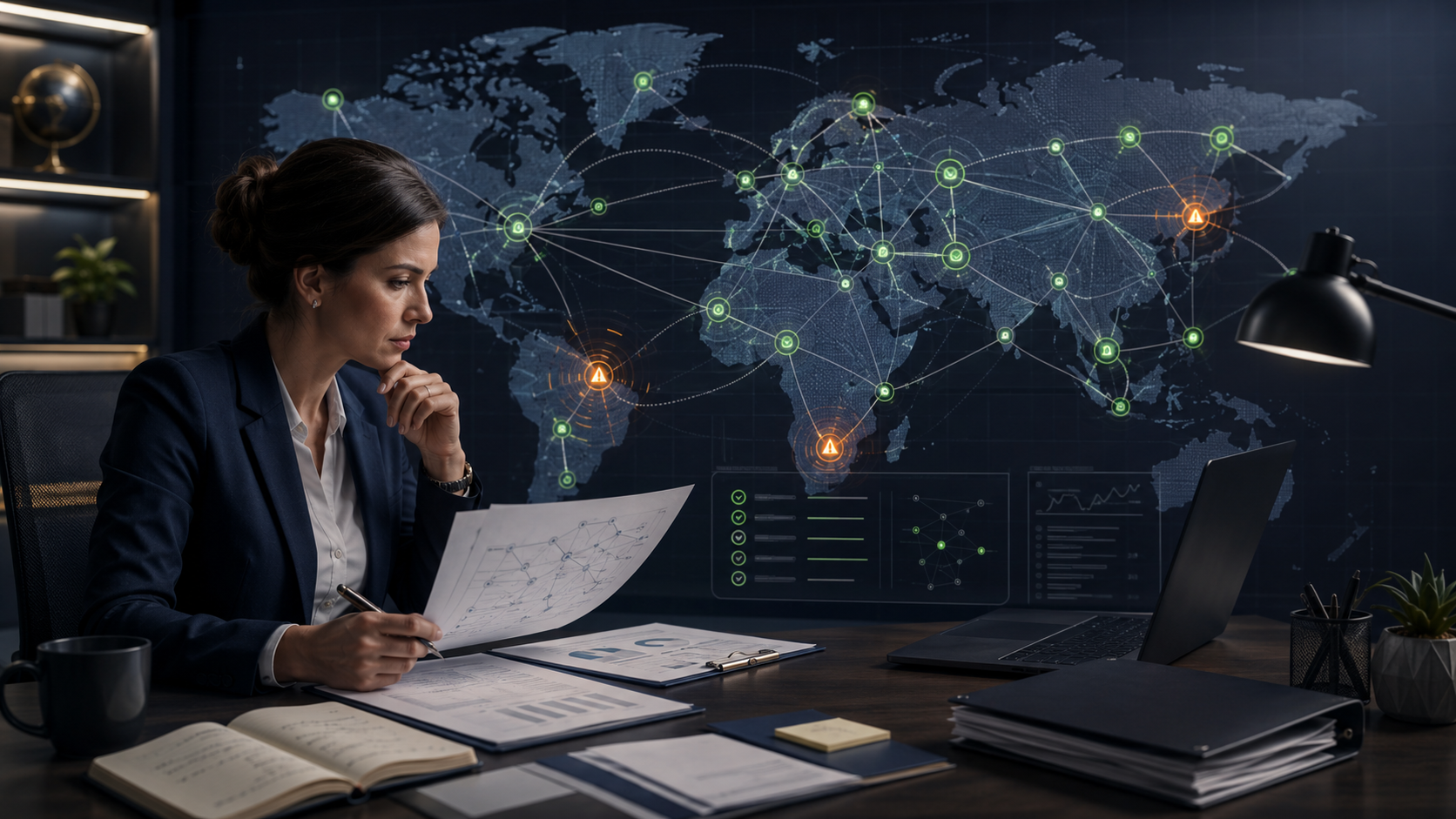 Editorial illustration of an incident-response view of a residential proxy network disruption, with affected nodes, analyst review screens without text, and a compliance-focused operations mood