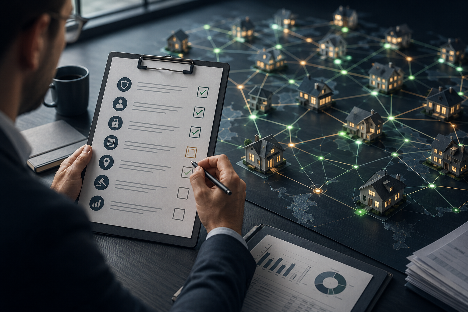 Editorial illustration of a residential proxy procurement checklist, with a buyer reviewing an eight-point compliance framework against a network of connected residential nodes