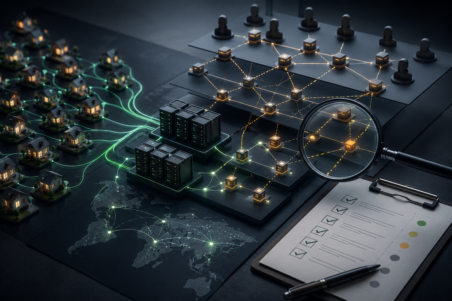 Editorial illustration of a residential proxy supply chain audit, showing layered network operators, reseller layers, household nodes, and an audit clipboard or magnifying glass